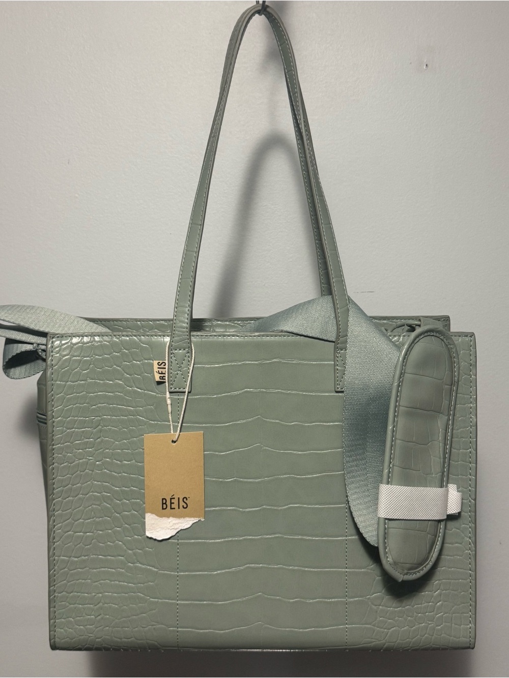 NWT BÉIS The Large Work Tote in Slate Croc Leather